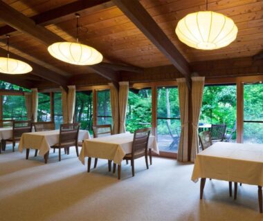 Wooden dining space with lanterns and garden views at Nakaodaira in Chūbu, Gifu