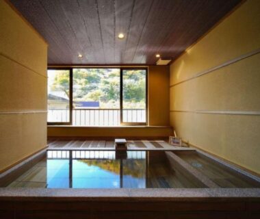 Spacious indoor bathing area with wooden tub and garden view at Nakaya Ryokan Gunma Kantō Japan