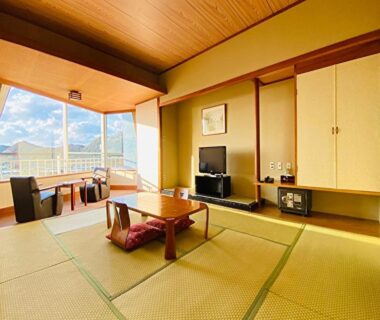 Tatami room with low table, cushions and TV at Nangoku Hotel, Chiba
