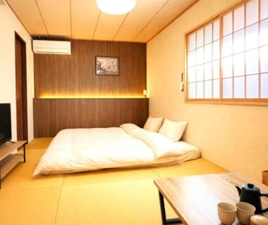 Futon on tatami with shoji screens and low table at Nara Inn, Nara Kansai