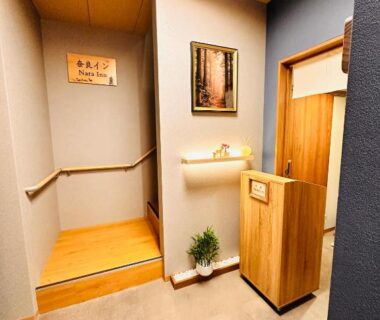 Wood-lined entrance corridor with handrail, wooden storage cabinet and wall art at Nara Inn in Nara, Kansai