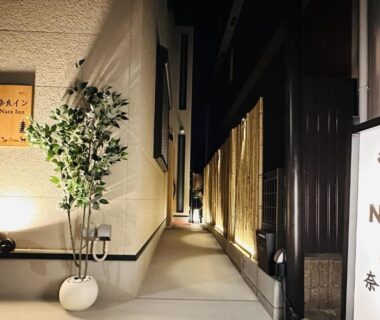 Narrow illuminated walkway beside ryokan entrance and sign for Nara Inn in Nara, Kansai