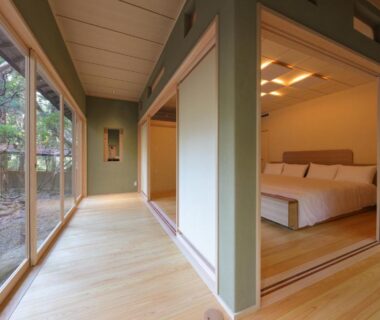 Japanese room with tatami corridor, shoji screens, twin beds and garden view at Nara Kasugaokuyama Tsukihitei