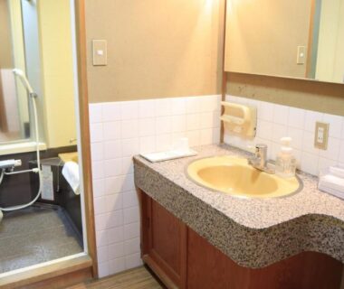 Compact bathroom with vanity sink, mirror and tiled shower area at Nara Park Hotel in Nara, Kansai