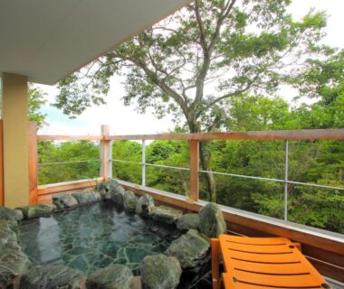 Outdoor stone onsen bath on a wooden balcony with seating at Nasu Hoshi no Akari in Tochigi