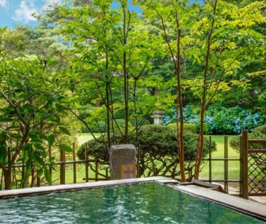 Outdoor onsen bath beside a manicured Japanese garden with a stone lantern and lush trees at Nasu Onsen Sanraku, Tochigi