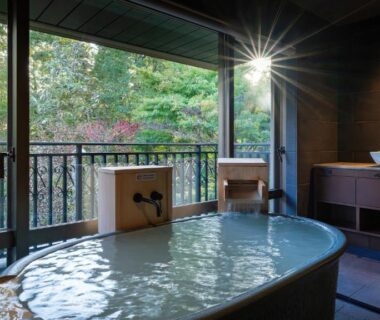 Indoor onsen bath with tub, wooden vanity and large windows opening to green forest view at a ryokan in Tochigi