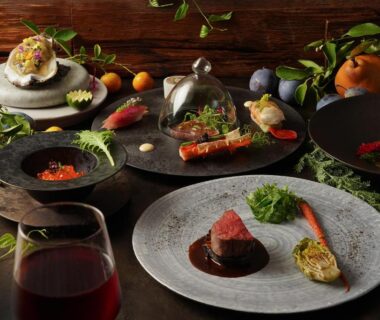 Assorted plated multi-course Japanese dishes with red wine and garnishes on wooden table
