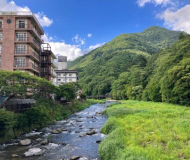 River flowing past a multi-story ryokan with verdant mountains and grassy bank in Nasushiobara, Tochigi
