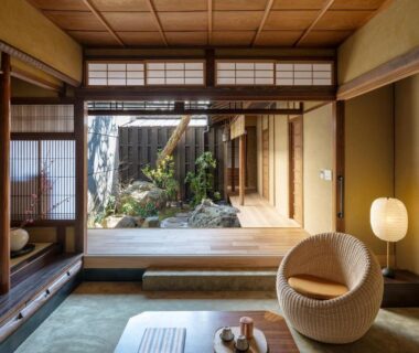 Traditional tatami room with shoji screens and courtyard garden at Nazuna Kyoto Gosho, Kyoto