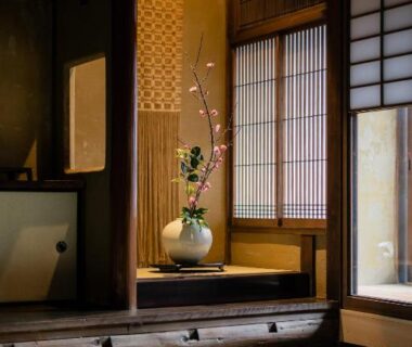 Tatami room with tokonoma flower arrangement at Nazuna Kyoto Gosho in Kyoto Kansai Japan