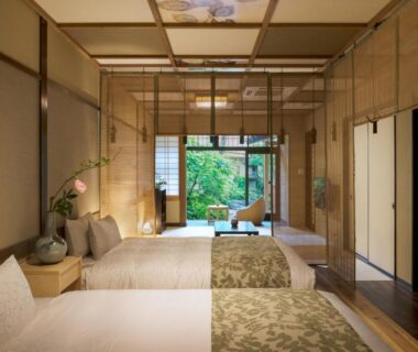 Tatami twin room with garden view at Nazuna Kyoto Nijo-jo, Kyoto, Kansai