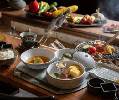 Assorted Japanese dishes on wooden table with grilled vegetables and ceramic bowls at Nazuna Kyoto Nijo-jo, Kyoto
