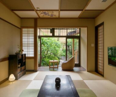 Tatami room with low table and garden view at Nazuna Kyoto Nijo-jo in Kyoto, Kansai, Japan