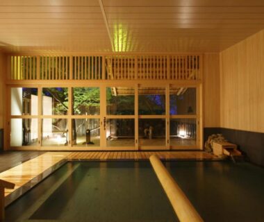 Wood-paneled indoor onsen with soaking pool and garden view at Negiya Ryofukaku, Hyōgo