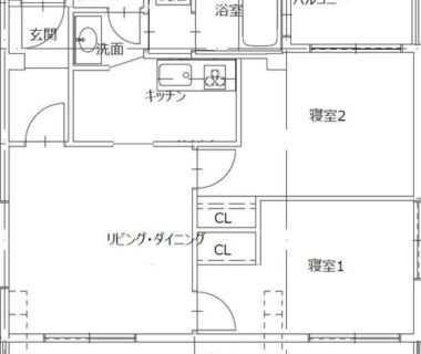 Floor plan showing living/dining area, kitchen, two bedrooms, bathroom and balcony for Suite Room B at Rosenheim Ryokan Tokyo