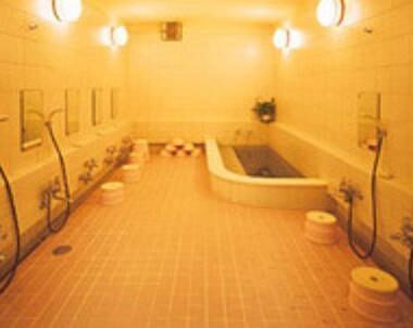 Tiled communal bath with shower stations and stools at Nihonkan ryokan in Kyoto