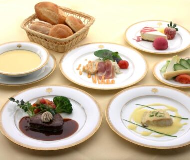 Plated Western course with bread basket and desserts at Nikko Kanaya Hotel, Tochigi, Kantō, Japan
