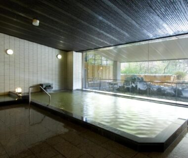 Spacious indoor onsen with large window overlooking garden at Nikko Senhime Monogatari Tochigi
