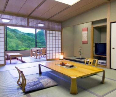 Traditional tatami room with low table and shoji doors overlooking green hills at Nikko Senhime Monogatari Tochigi