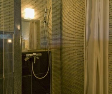 Compact shower with handheld head, curtain and woven panel walls at Nikko Tokanso, Tochigi, Japan