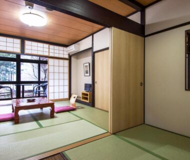Traditional tatami room with low table and shoji screens at Nikko Tokanso in Tochigi, Kantō