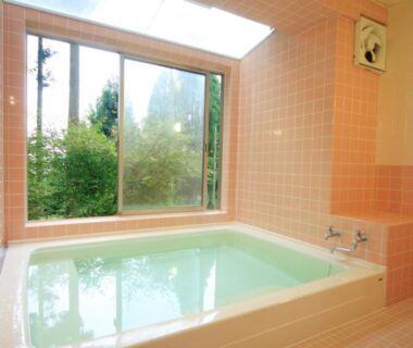Tiled indoor bath with garden view at Nobori ryokan in Tokyo