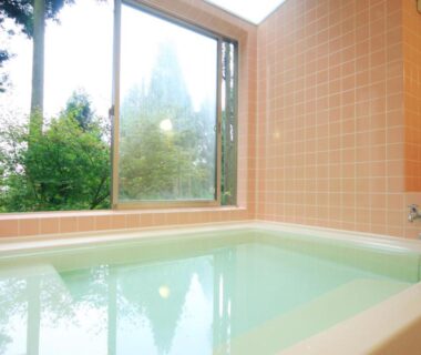 Tiled indoor bath with window overlooking trees at Nobori Ryokan in Tokyo