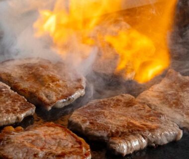Sizzling grilled beef on hotplate at Noboribetsu Grand Hotel Hokkaidō