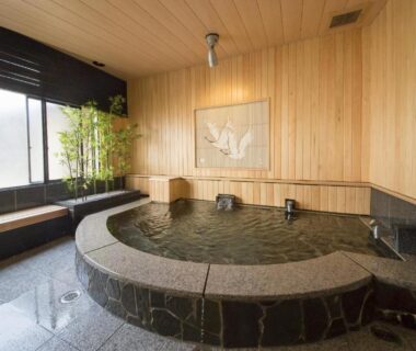 Circular stone onsen bath with wooden paneling, window bench seating and bamboo at Nogami Honkan in Oita, Japan