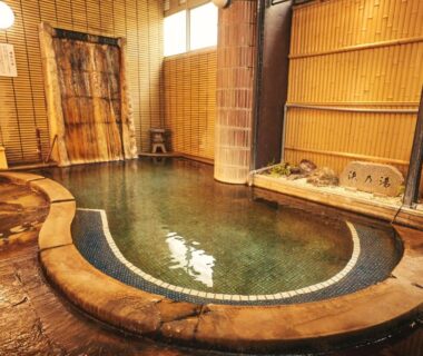 Traditional indoor hot spring bath with stone edge and bamboo walls at Nogami Honkan in Ōita, Kyūshū