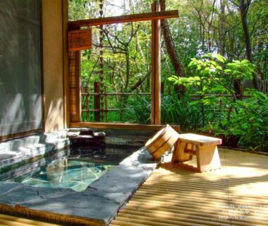 Stone onsen with wooden deck and stool, lush garden backdrop at Nonohanatei komurasaki Shizuoka