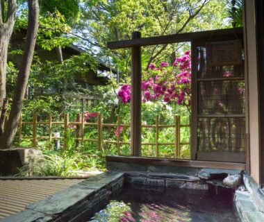 Wooden bath opening to a lush garden with pink blossoms at Nonohanatei Komurasaki, Shizuoka
