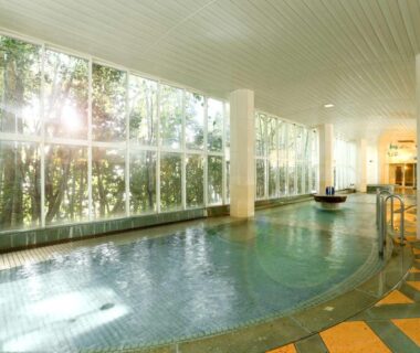 Tiled indoor bath with floor-to-ceiling windows overlooking trees at Notoya, Ishikawa
