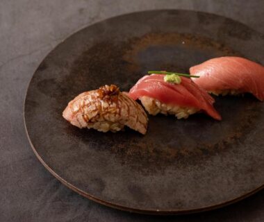 Two nigiri sushi on a ceramic plate, ONCRI-Karatsu ryokan, Karatsu, Saga, Kyūshū, Japan