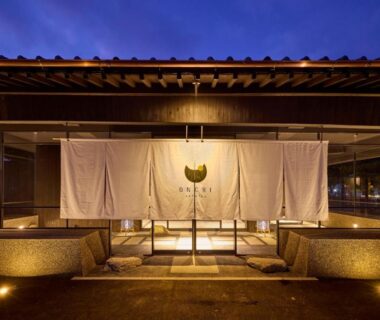 Lit noren curtains and wooden entrance at ONCRI-Karatsu おんくり唐津, Saga, Kyushu