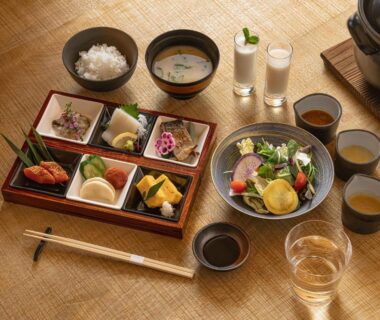 Breakfast tray with rice, miso soup, small dishes and glassware at OTARU RETREAT in Hokkaidō