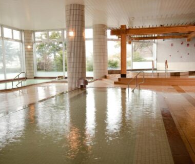 Large indoor tiled onsen bath with wooden beams and windows overlooking trees at Oehonke, Hokkaidō
