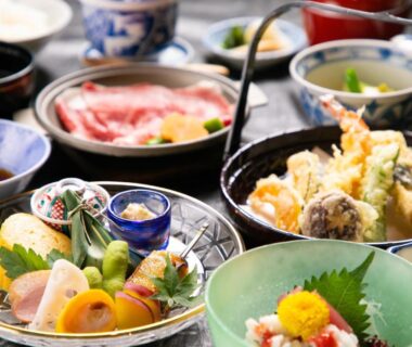 Traditional multi-course Japanese meal with tempura and sashimi at Ohanabo, Kyoto