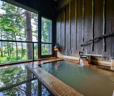 Wooden indoor onsen bath with forest view at Oita Kuoritei in Ōita, Kyūshū