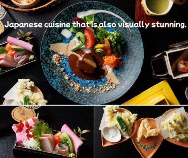 Assorted plated Japanese dishes and colorful garnishes on lacquer trays at Oiwakeya Ryokan Nagano
