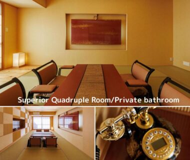 Spacious tatami room with low table, floor chairs and shoji screens at Oiwakeya Ryokan Nagano