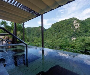Roofed outdoor onsen bath overlooking lush forested cliffs and mountains at Okuhita Onsen Umehibiki, Ōita