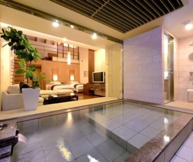 Tiled indoor onsen bath opening to a lounge with sofas, TV and potted plants at Okuyado Buaiso in Ōita