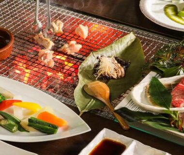 Tabletop grill with seafood, vegetables and dipping sauces at Okuyado Buaiso in Ōita, Kyūshū