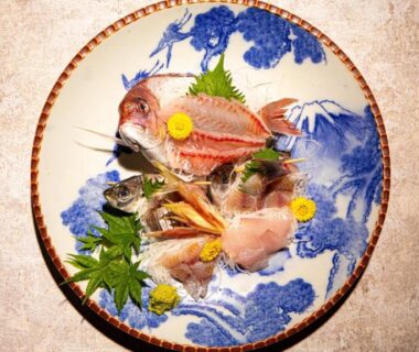 Sashimi on blue patterned plate with leaf garnish at Omoideno Jinde, Shizuoka, Chūbu