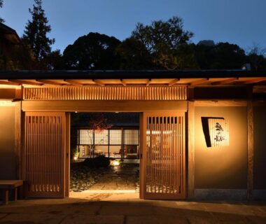 Traditional wooden entrance lit at dusk Oni no Sumika Shizuoka Chūbu