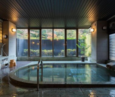 Spacious indoor onsen pool with wooden seating and garden view at Onsen Guest House Tsutaya in Kanagawa