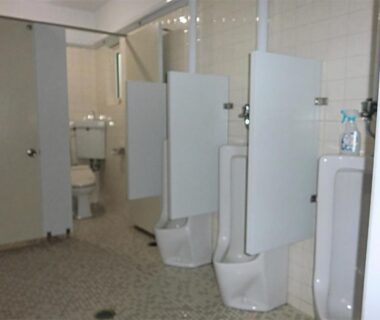 Communal restroom with urinals, stalls and sinks at Onsen Minshuku Sakaeya, Iwate, Tōhoku