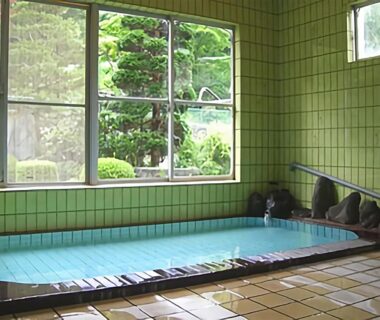 Rectangular indoor onsen with green tiles and windowed garden view at Onsen Minshuku Sakaeya, Iwate, Tohoku